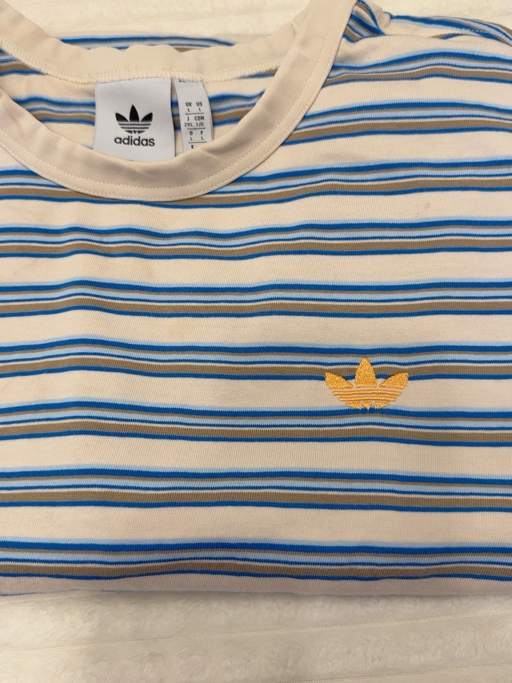 adidas Men’s Cream Tee with Blue Stripes and Yellow Trefoil